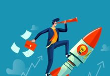 Businessman flying on rocket business concept