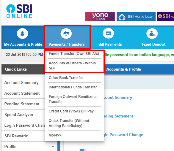 sbi net banking fund transfer 